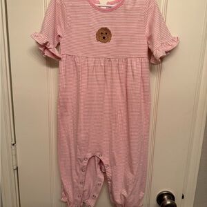 Doodle days Stitxhy Fish Pink Striped Romper with dog patch